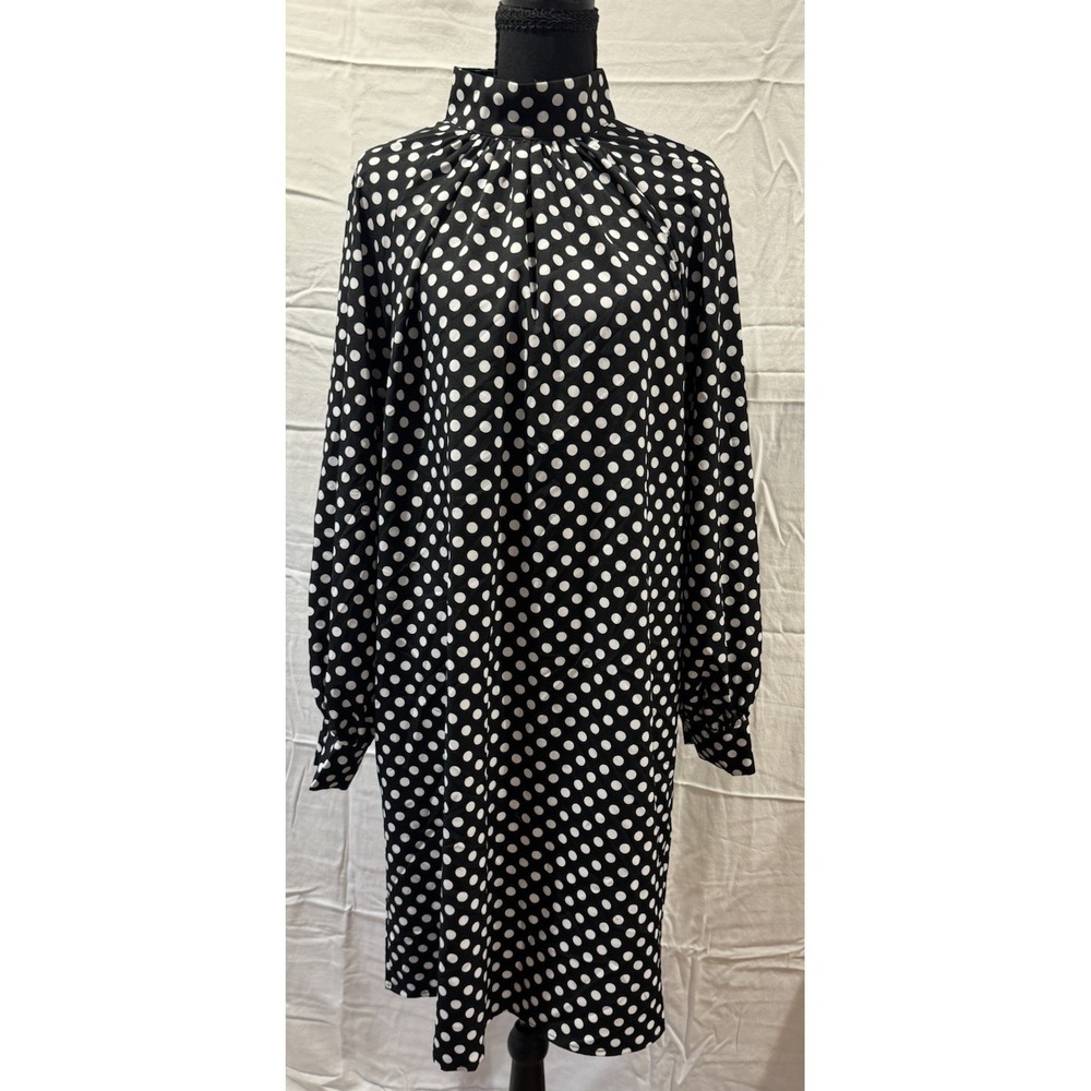 Women's Black White Polka Dot Mock Neck Long Sleeve Shift Knee Dress L/XL - Picture 3 of 6